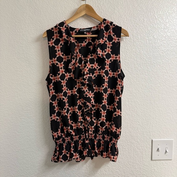 Karl Lagerfeld Black Floral Ruffled Sleeveless Blouse Size Large - Picture 1 of 5